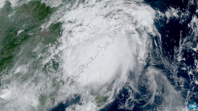 A satellite view shows Typhoon Saudel making landfall on China's eastern coast, August 28, 2026. CSU/CIRA & JMA/JAXA/Handout via REUTERS