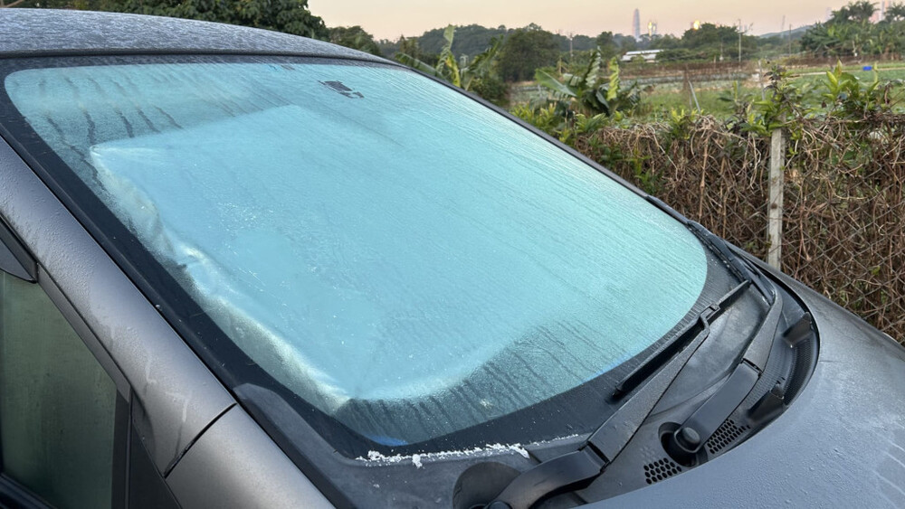 Frost is seen on the windscreen of a vehicle in Sha Tau Kok.
