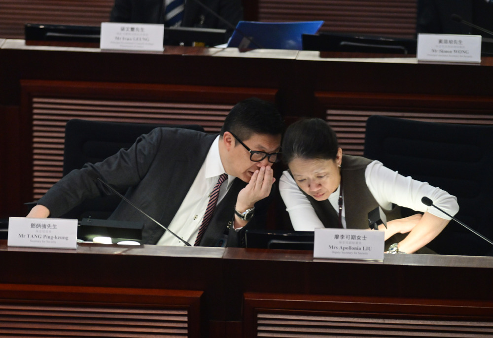 Secretary for Security Chris Tang Ping-keung (left) and his deputy Apollonia Liu Lee Ho-kei (right). File photo. Secretary for Security Chris Tang Ping-keung (left) and his deputy Apollonia Liu Lee Ho-kei (right). File photo.