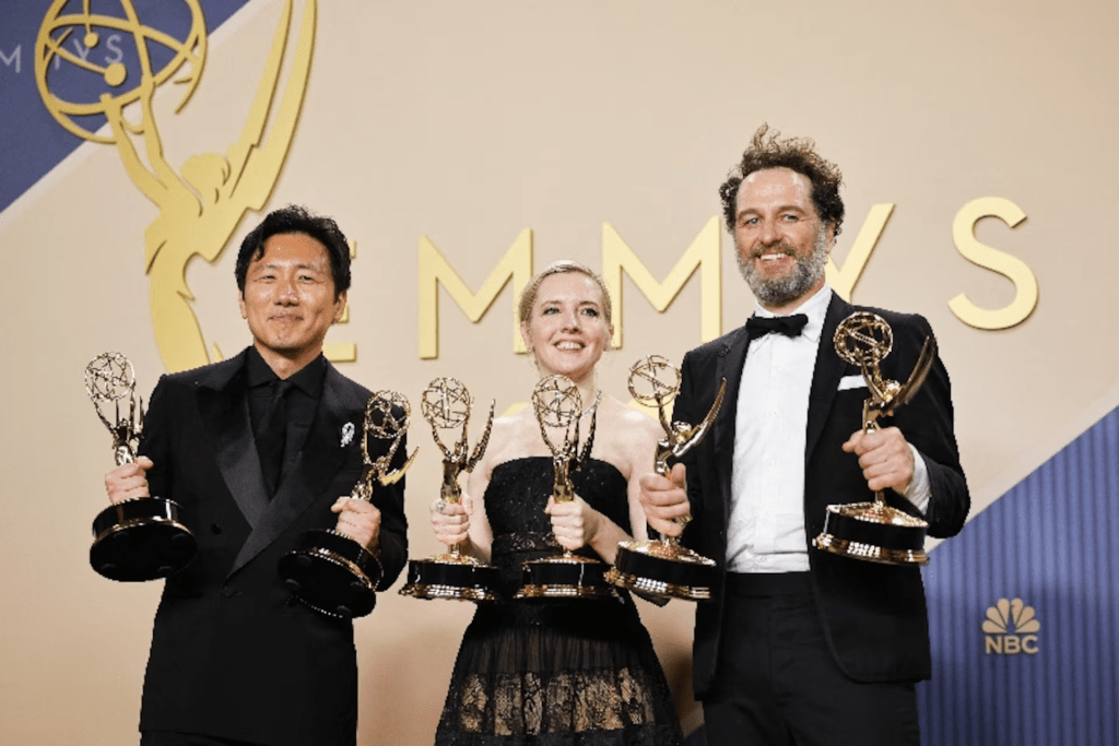 Hiro Murai, winner of the Outstanding Directing for a Comedy Series Award for "Widow's Bay", Katie Dippold, winner of the Outstanding Writing for a Comedy Series Award for "Widow's Bay" and Matthew Rhys, winner of the Outstanding Lead Actor in a Comedy Series Award for "Widow's Bay" and winner of the Outstanding Lead Actor in a Limited or Anthology Series or Movie Award for "The Beast in Me," pose with their awards during the 78th Primetime Emmy Awards in Los Angeles, California, September 14, 2026. Reuters