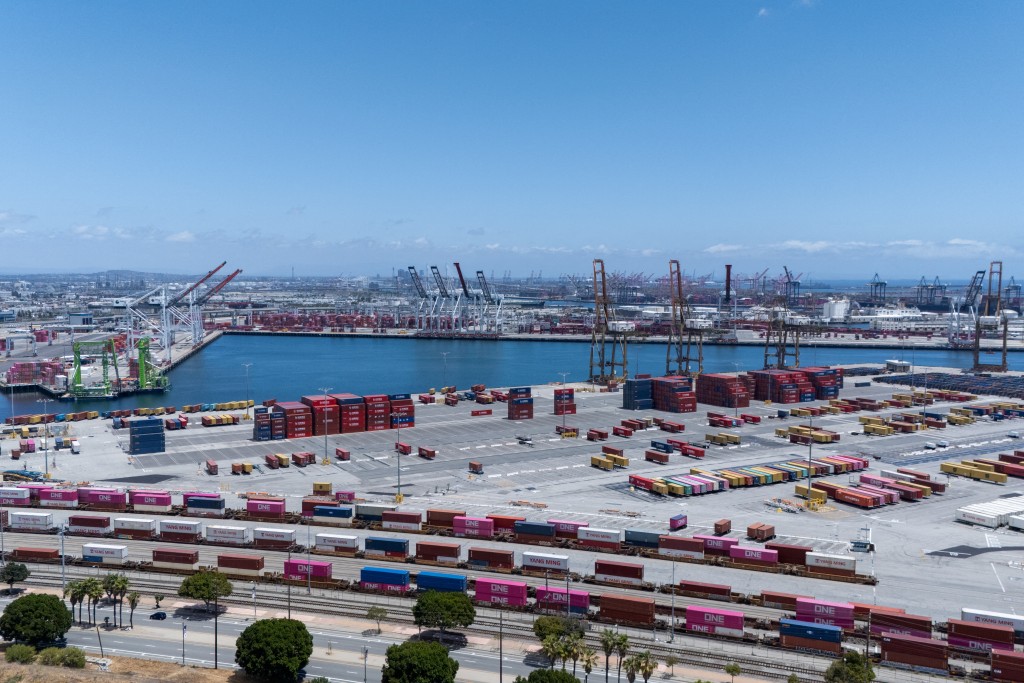 Cranes at the Port of Los Angeles are empty of cargo ships as shown with a drone at in San Pedro California, U.S., May 13, 2025. REUTERS/Mike Blake/File Photo