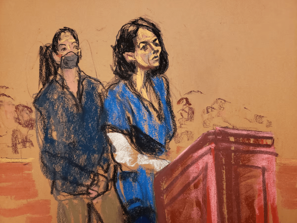 Jeffrey Epstein associate Ghislaine Maxwell stands at the podium to address Judge Alison Nathan during her sentencing in a courtroom sketch in New York City, U.S. June 28, 2022. REUTERS/Jane Rosenberg/File Photo 