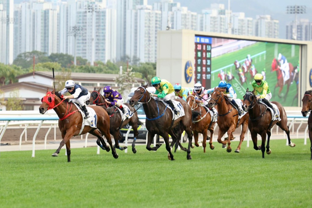 Fast Network bursts clear to win a Class 1 sprint at Sha Tin on Sunday. Singtao