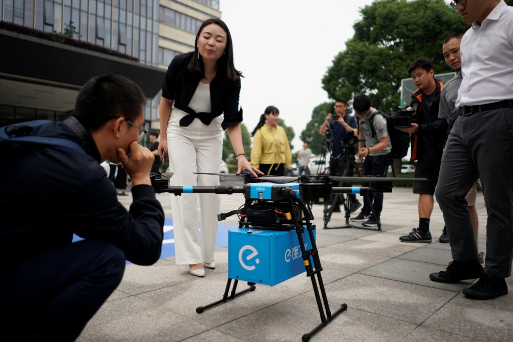 A drone is seen during a demonstration for the media before a news conference by Chinese food delivery company Ele.me on its drone delivery service, in Shanghai, China May 29, 2018. REUTERS