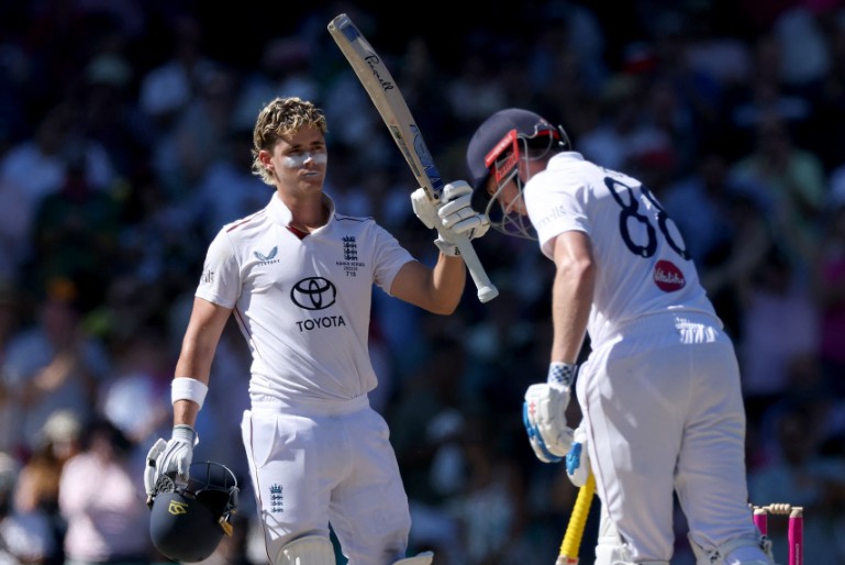 Jacob Bethell is unbeaten on 142 at stumps, steering England to 302 for eight. AFP
