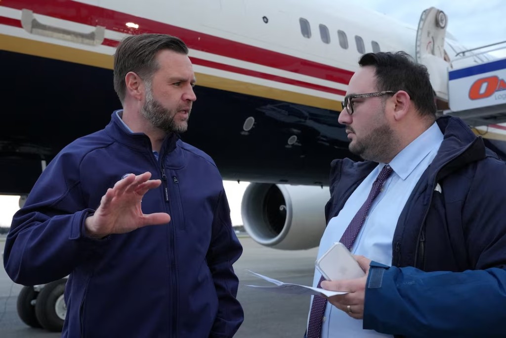 US Vice President JD Vance is interviewed by Reuters reporter Jacob Bogage before a campaign rally at Fairbanks International Airport in Fairbanks, Alaska, US, October 5, 2026. Jacquelyn Martin/Pool via REUTERS