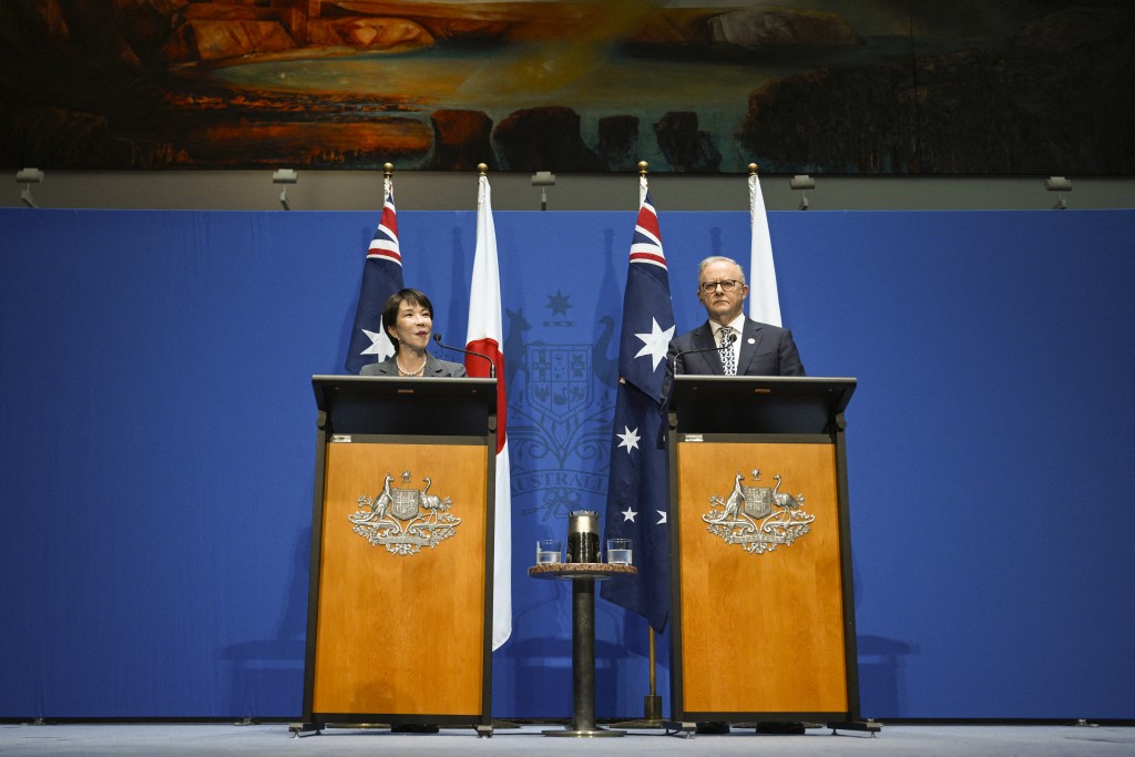 Australia's Prime Minister Anthony Albanese (R) and Japan's Prime Minister Sanae Takaichi speak to the press at Parliament House in Canberra on May 4, 2026. (AFP)