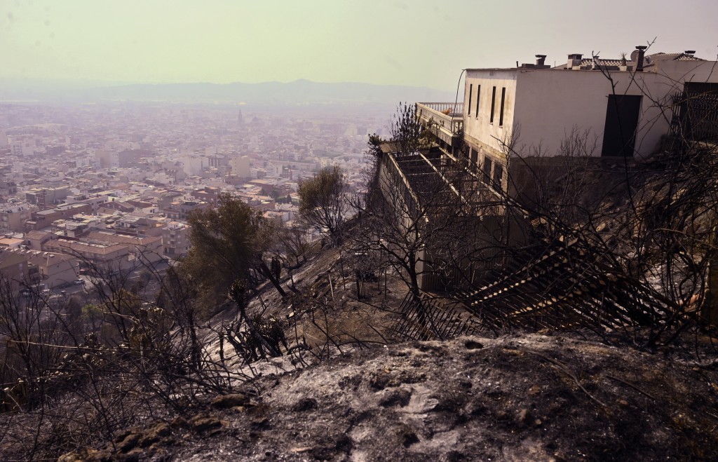 Photo by JOSE JORDAN / AFP  This picture shows a scorched area after a wildfire raged in La Vall d'Uxio, 55 kilometres north-east of Valencia, on July 28, 2026.