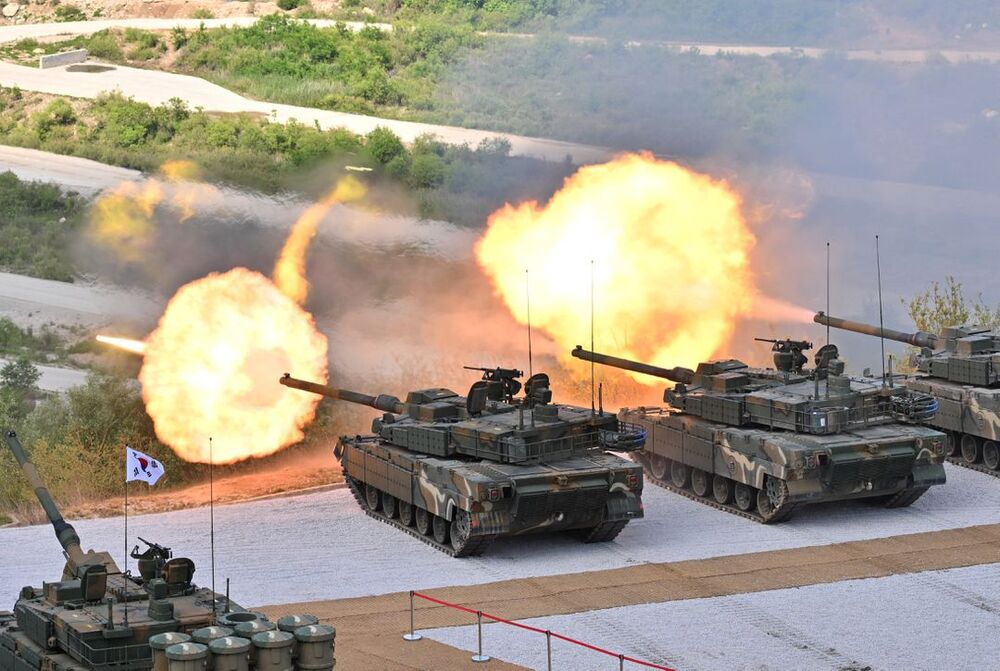 South Korea's K-2 tanks fire during a South Korea-US joint military drill at Seungjin Fire Training Field in Pocheon, South Korea June 15, 2023. (Reuters) South Korea's K-2 tanks fire during a South Korea-US joint military drill at Seungjin Fire Training Field in Pocheon, South Korea June 15, 2023. (Reuters)