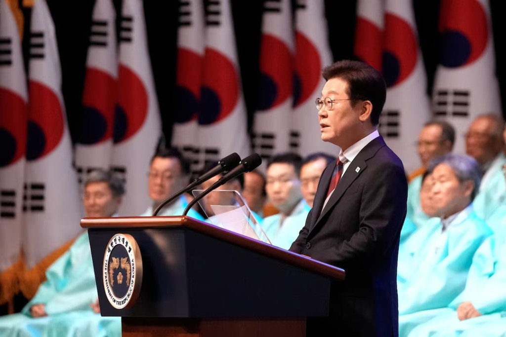 South Korean President Lee Jae Myung speaks during a ceremony to celebrate the 80th anniversary of Korea's liberation from Japanese colonial rule, in Seoul, South Korea, Friday, Aug. 15, 2025. Ahn Young-joon/Pool via REUTERS 