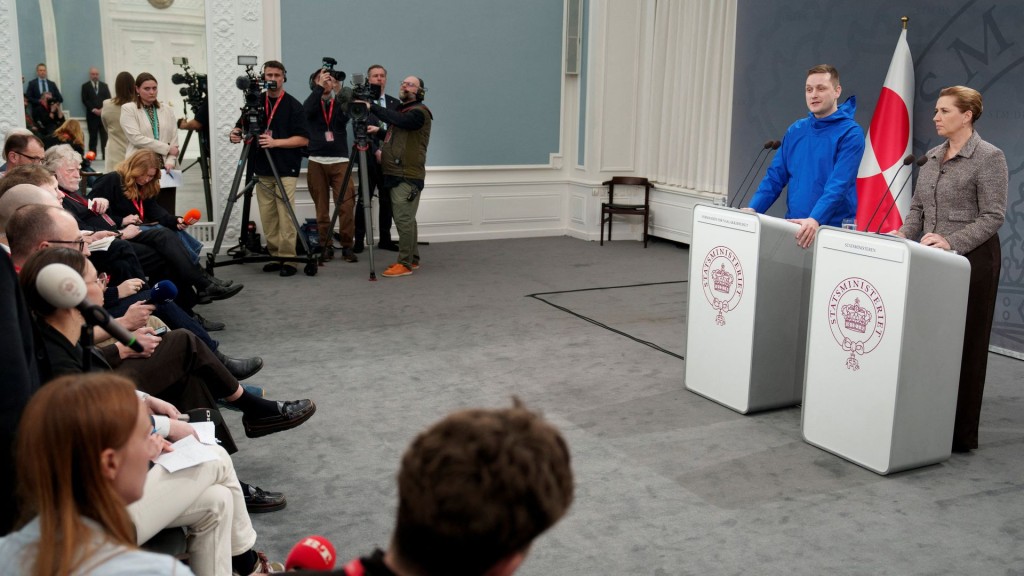 Greenland's PM Jens-Frederik Nielsen & Denmark's PM Frederiksen give a statement on the current situation, in Copenhagen. Reuter