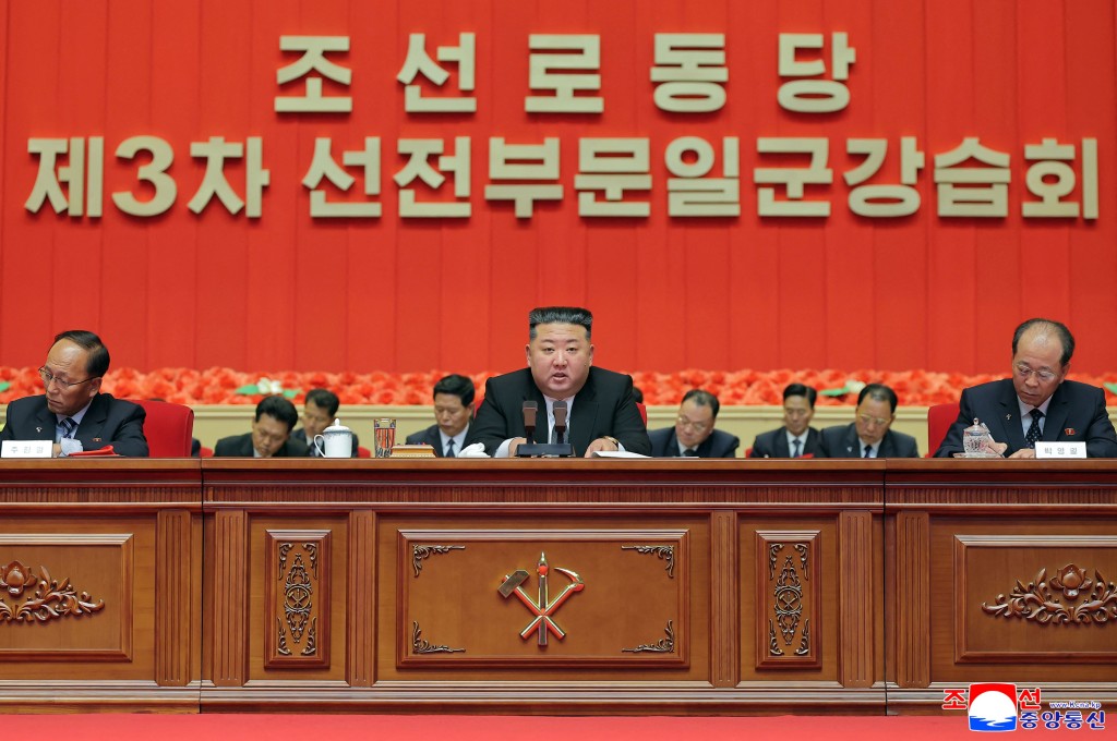 This picture taken on September 21, 2026 and released by North Korea's official Korean Central News Agency (KCNA) on September 22, 2026, shows North Korean leader Kim Jong Un speaking at the 3rd Workshop for Officials in the Propaganda Sector of the Workers' Party of Korea in Pyongyang. (Photo by KCNA / KCNA VIA KNS / AFP)
