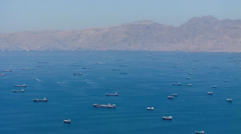 A drone view shows vessels anchored at the Strait of Hormuz, as seen from Musandam, Oman, May 25, 2026. REUTERS/Stringer/File Photo