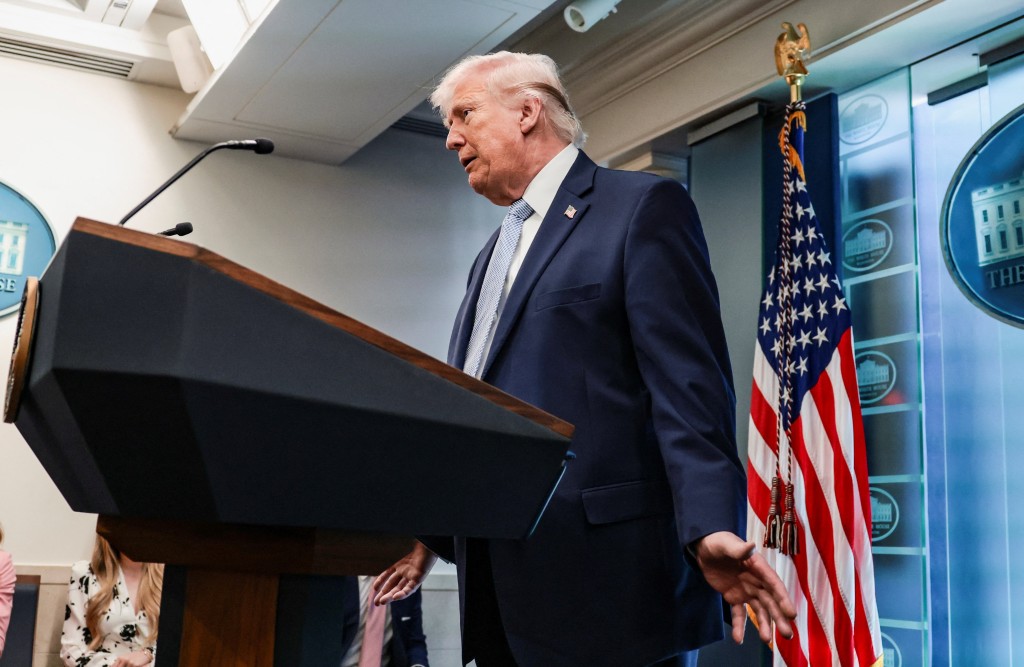 U.S. President Donald Trump gestures as he answers questions from the media during a press conference in the James S. Brady Press Briefing Room at the White House in Washington, D.C., U.S., April 6, 2026. (Reuters)