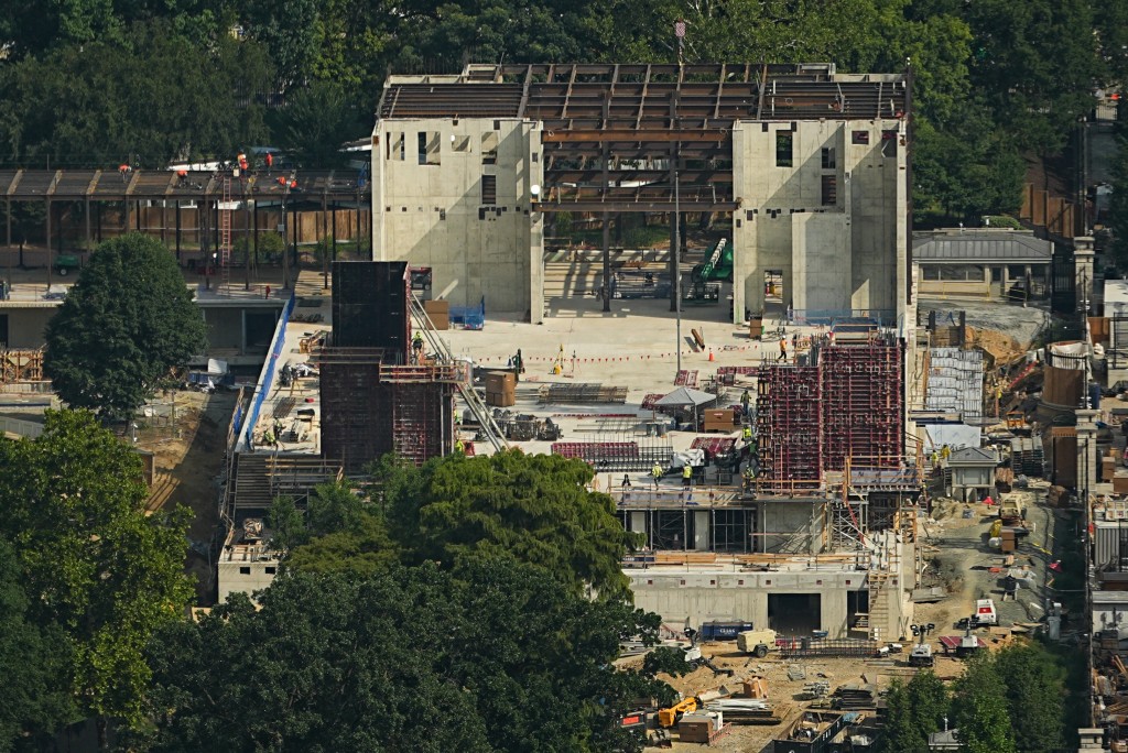 Photo by AARON SCHWARTZ / AFP  A view of ongoing construction of the East Wing ballroom at the White House, as seen from the Washington Monument observation deck in Washington, DC on August 28, 2026.