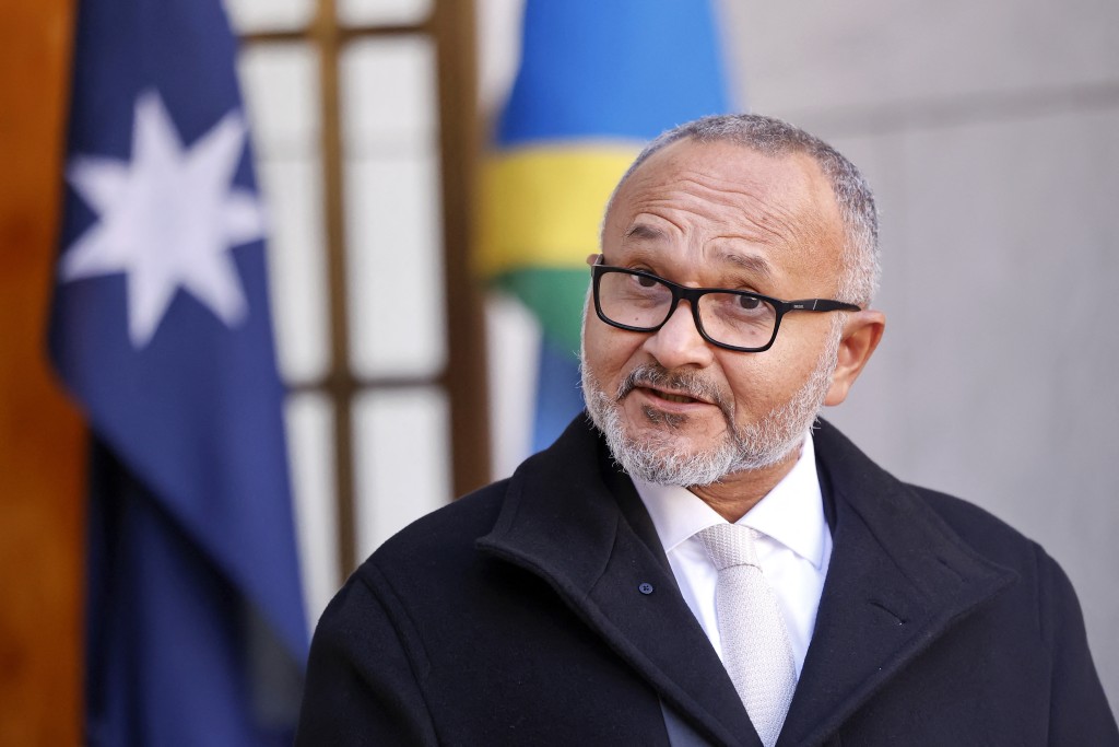 Solomon Islands Prime Minister Matthew Wale speaks during a press conference at Parliament House in Canberra on June 3, 2026. (Photo by Hilary Wardhaugh / AFP)