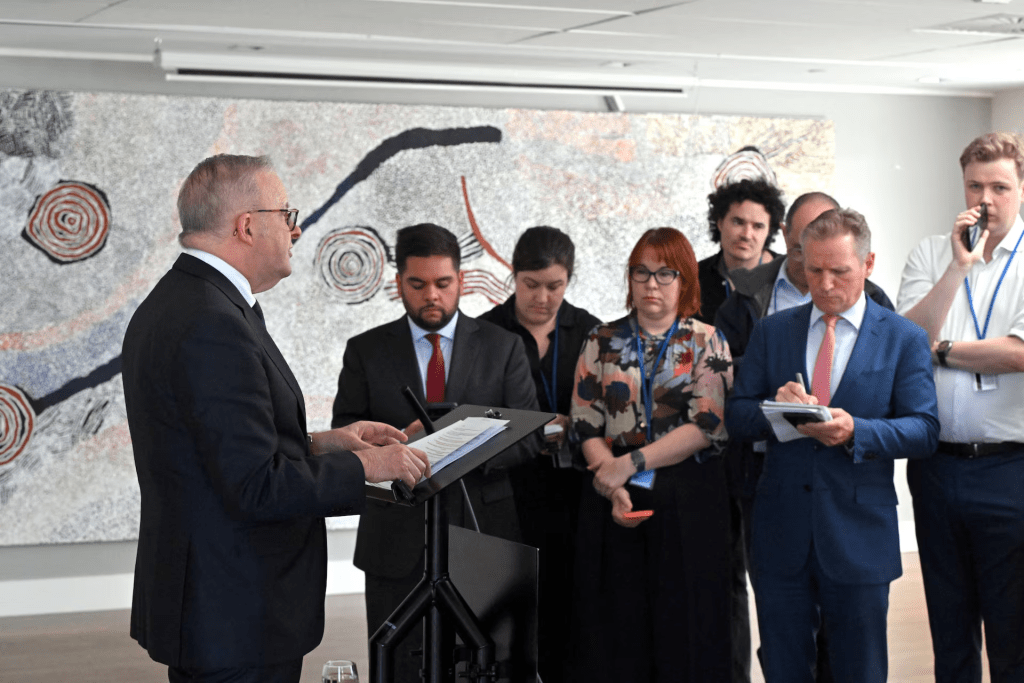 Australia's Prime Minister Anthony Albanese at a press conference during the United Nations General Assembly, revealing that an AI agent developed by OpenAI infiltrated an Australian government website in June, in New York, US, September 23, 2026. AAP/Mick Tsikas via REUTERS