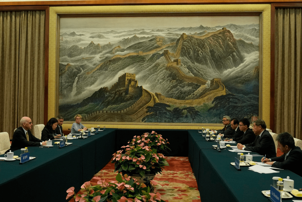 Chinese Vice Premier He Lifeng, second from right, speaks with Rep. Adam Smith, D-Wash, left, as he leads a bipartisan group of U.S. lawmakers at the Great Hall of the People in Beijing, China, Monday, Sept. 22, 2025. (AP Photo/Mahesh Kumar A., Pool)