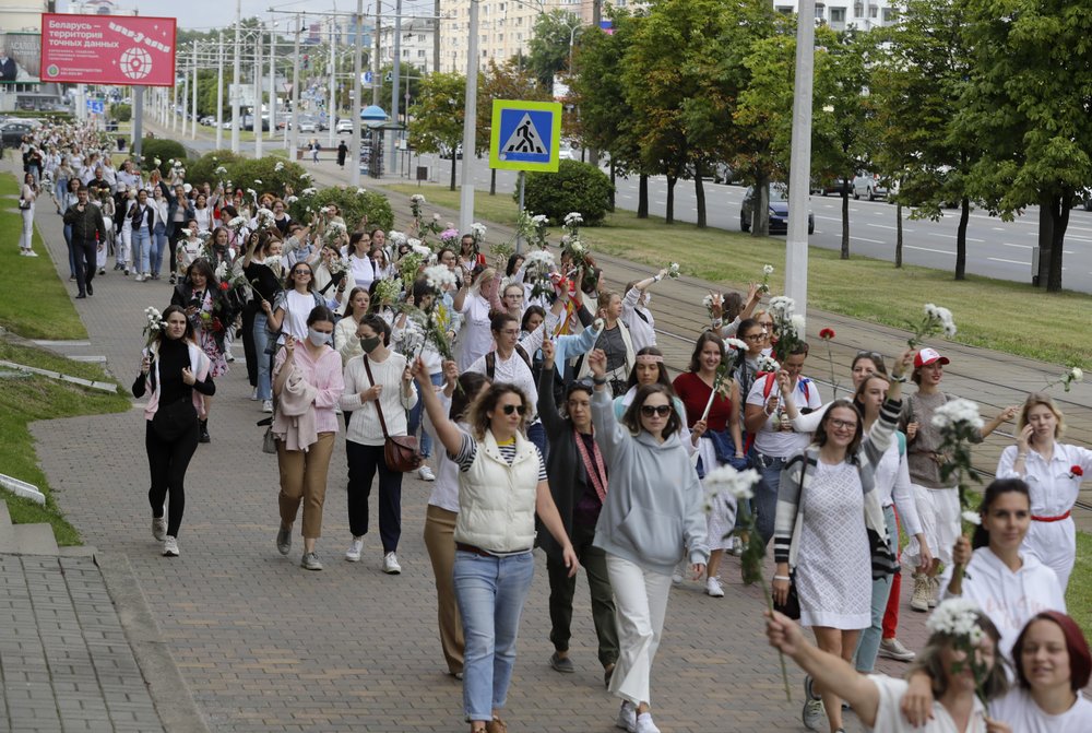 Belarusian women rally in solidarity with protesters injured in the latest rallies against the results of the country's presidential election in Minsk, Belarus.