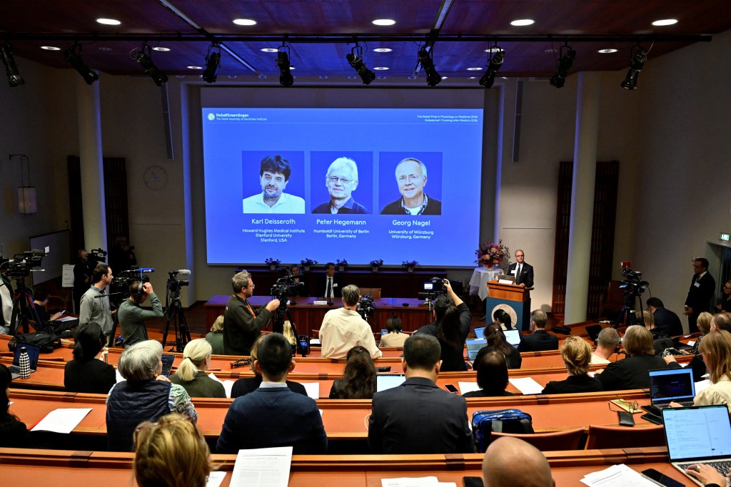 Karl Deisseroth, Peter Hegemann and Georg Nagel are awarded the 2026 Nobel Prize in Physiology or Medicine, as announced during a press conference at the Nobel Forum at Karolinska Institute in Stockholm, Sweden, October 5, 2026. (Reuters)