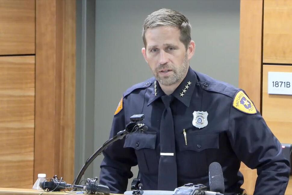 In this image taken from video provided by the Salt Lake City Police Department, Salt Lake City Police Chief Brian Redd speaks to the media during a press conference Sunday, June 15, 2025, about a June 14 shooting incident at a demonstration in Salt Lake City. (Salt Lake City Police Department via AP)