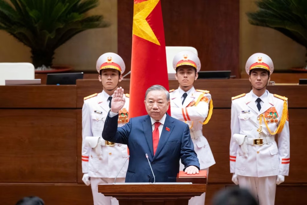 Vietnam's Communist Party General Secretary To Lam takes his oath as Vietnam's President during the legislature's session at the National Assembly in Hanoi, Vietnam, April 7, 2026. National Assembly/Handout via REUTERS 