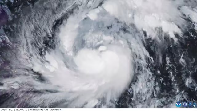 A satellite image shows Storm Fung-Wong, which has intensified into a typhoon, according to the Cooperative Institute for Research in the Atmosphere (CIRA), over the Philippine Sea on November 7, 2025, in this screengrab from video. CSU/CIRA & JMA/JAXA/Handout via REUTERS