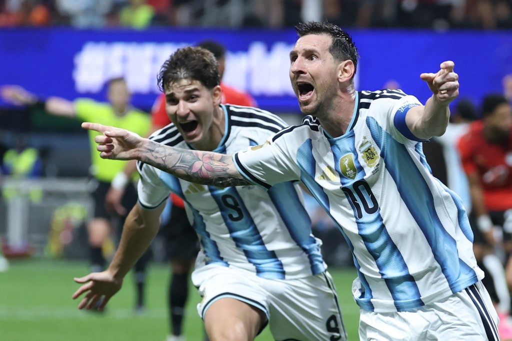 Photo by THOMAS COEX / AFP  Argentina's forward #10 Lionel Messi celebrates scoring his team's second goal during the 2026 World Cup round of 16 football match between Argentina and Egypt at Atlanta Stadium in Atlanta on July 7, 2026.
