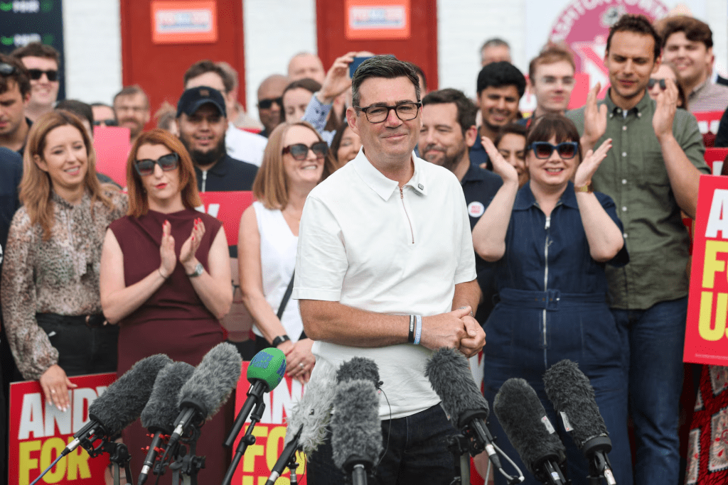 Outgoing Greater Manchester Mayor and newly elected Makerfield MP Andy Burnham addresses members and supporters of the Labour Party after he won the Makerfield by-election, at the Bartons Group Stadium in Ashton-in-Makerfield, Britain, June 19, 2026. REUTERS/Temilade Adelaja