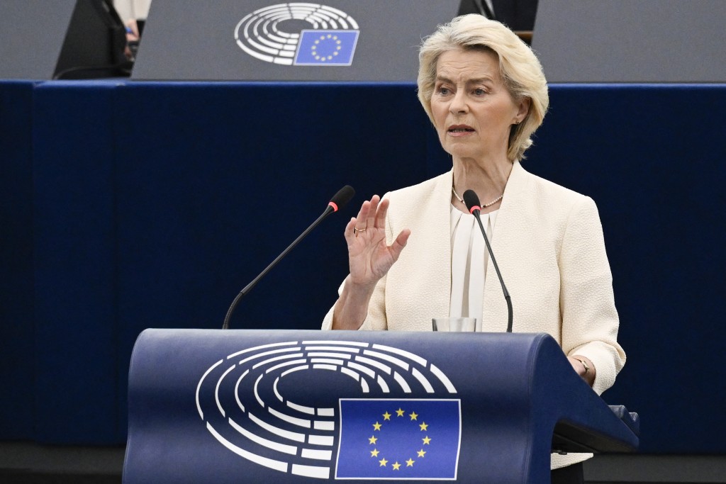 European Commission President Ursula von der Leyen delivers a speech during her annual keynote address at a plenary session of the European Parliament in Strasbourg, eastern France on September 16, 2026. (Photo by Jean-Christophe VERHAEGEN / AFP)