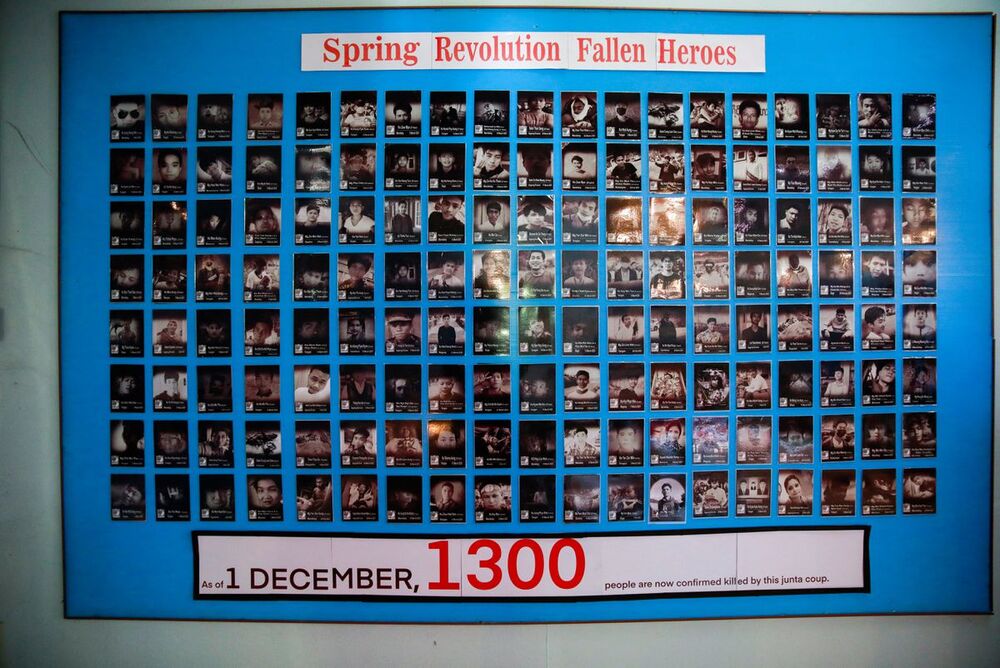 A poster with pictures of people killed by Myanmar's junta troops is seen at the Assistance Association for Political Prisoners (AAPP) office in Mae Sot, Thailand, January 26, 2022. (REUTERS/Soe Zeya Tun) A poster with pictures of people killed by Myanmar's junta troops is seen at the Assistance Association for Political Prisoners (AAPP) office in Mae Sot, Thailand, January 26, 2022. (REUTERS/Soe Zeya Tun)