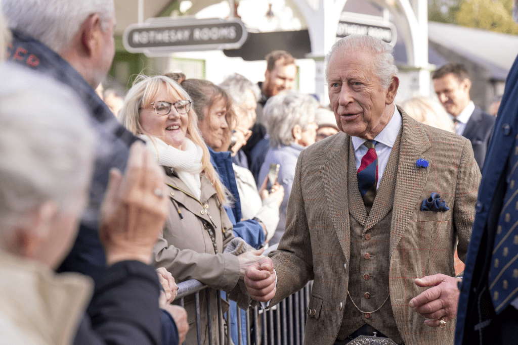 Britain's King Charles greets people during a visit to mark the 150th anniversary of the Albert Hall in Ballater, Scotland, Britain, October 9, 2025. Jane Barlow/Pool via REUTERS