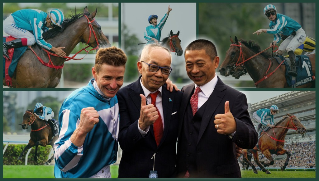 Romantic Warrior's jockey James McDonald, owner Peter Lau, and trainer Danny Shum. Illustration by Idol Horse