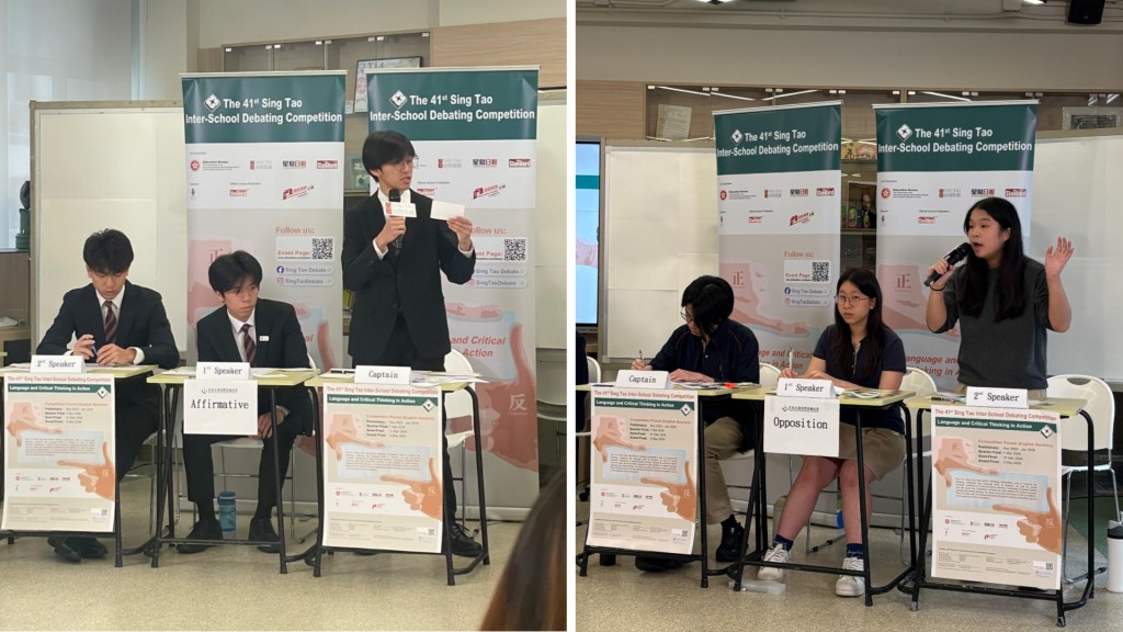The debate team from Diocesan Boys' School (left) and International Christian School (right).