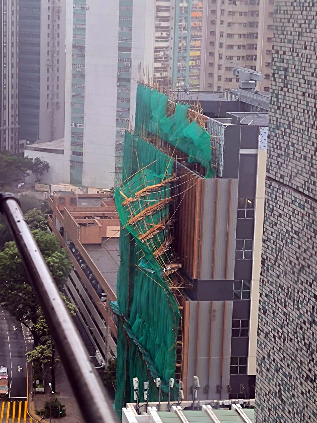 Scaffolding damaged on Siu Sai Wan Road.