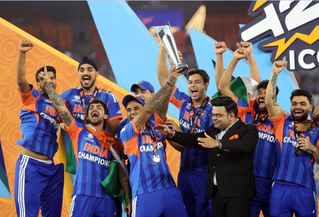 Suryakumar Yadav lifts the trophy as India celebrate winning the T20 World Cup for the third time. REUTERS