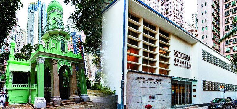 Landmarks like the Jamia Mosque and Hong Kong News-Expo are close to the Mid-Levels escalator.