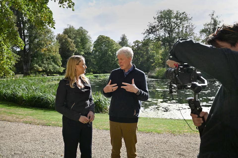 Charles Spencer, the brother of Britain's late Princess Diana is interviewed by journalist Laura Kuenssberg, as part of the documentary "Princess Diana: My Sister’s Story" at the Althorp Estate, Britain, in this handout picture released on September 19, 2026. Jeff Overs/BBC/Handout via REUTERS.