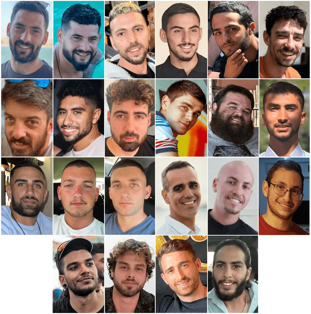 Top row from left, Gali Berman, Ziv Berman, Elkana Bohbot, Rom Braslavski, Nimrod Cohen, Ariel Cunio; second row from from left, David Cunio, Evyatar David, Guy Gilboa-Dalal, Maksym Harkin, Eitan Horn, Bipin Joshi; third row from left, Segev Kalfon, Bar Kupershtein, Matan Angrest, Omri Miran, Eitan Mor, Tamir Nimrodi: bottom row from left, Yosef-Chaim Ohana, Alon Ohel, Avinatan Or, Matan Zangauker. (Hostages and Missing Families Forum via AP, File)