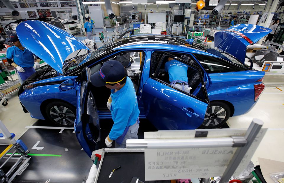 Employees of Toyota Motor Corp. work on the assembly line of Mirai fuel cell vehicle (FCV) at the company's Motomachi plant in Toyota, Aichi prefecture, Japan. (Reuters) Employees of Toyota Motor Corp. work on the assembly line of Mirai fuel cell vehicle (FCV) at the company's Motomachi plant in Toyota, Aichi prefecture, Japan. (Reuters)