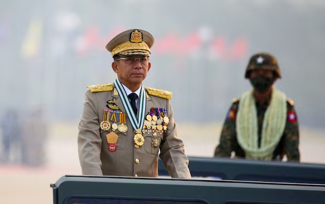 Myanmar's junta chief Senior General Min Aung Hlaing, who ousted the elected government in a coup on February 1, 2021, presides over an army parade on Armed Forces Day in Naypyitaw, Myanmar, March 27, 2021. REUTERS/Stringer/File Photo