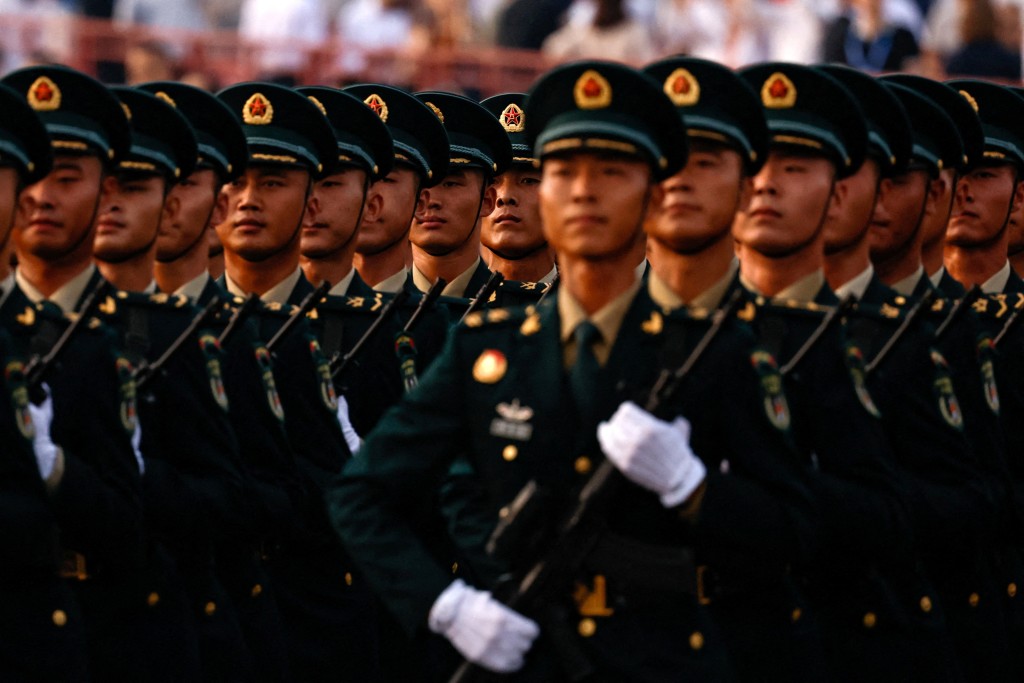Chinese Rocket Force personnel march during the rehearsal ahead of a military parade to mark the 80th anniversary of the end of World War Two, in Beijing, China, September 3, 2025. (Reuters)