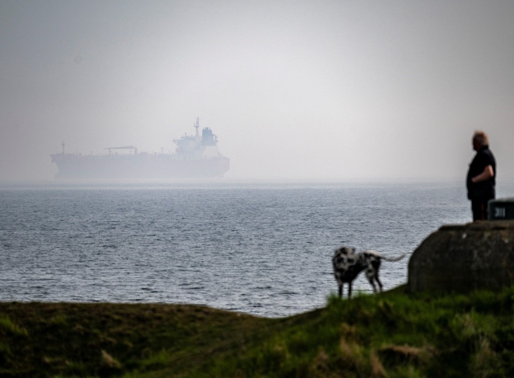 A man with a dog looks out to sea at the tanker Jin Hui, which was boarded by the Swedish Coast Guard outside Trelleborg, Sweden, May 3, 2026. (Reuters)