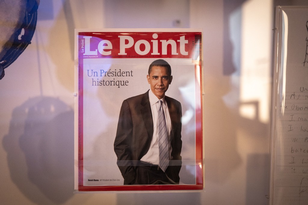 A magazine cover featuring former President Barack Obama is displayed in the museum at the Obama Presidential Center on June 03, 2026 in Chicago, Illinois. The Obama Presidential Center, which includes a museum, Library, playground and basketball court, opens to the public on June 19. Scott Olson/Getty Images/AFP
