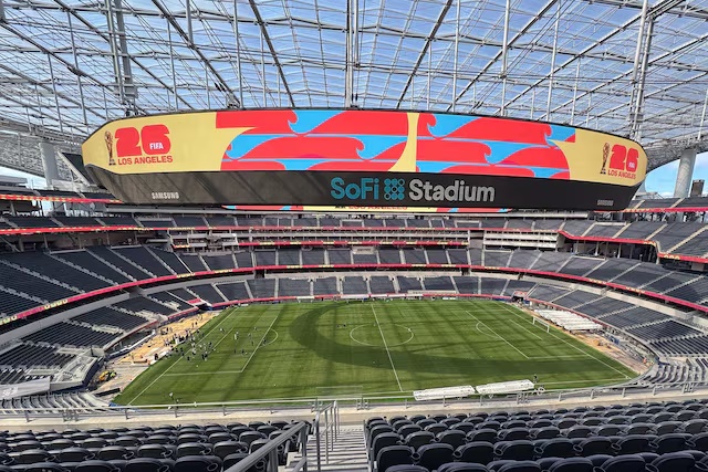 Mar 13, 2025; Inglewood, California, USA; LA World Cup 2026 branding pictured during the unveiling of the new test soccer pitch in anticipation of Nations League play and 2026 World Cup at SoFi Stadium. Mandatory Credit: Gary A. Vasquez-Imagn Images/File Photo