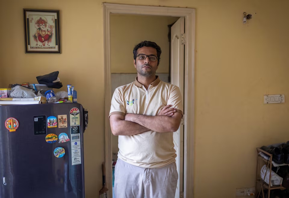 Dev Kotak, a reporter with the television channel Times Now, who was assaulted at the ongoing protest site of Cockroach Janata Party (CJP), poses for a picture inside his house in Noida, India, July 23, 2026. REUTERS/Adnan Abidi