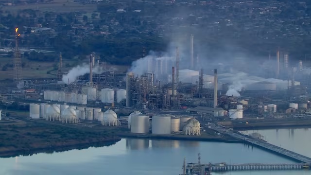 An aerial view shows smoke rising following a fire at Viva Energy Group's refinery in Geelong, Australia, April 16, 2026, in this screengrab from a video. Seven Network/Nine Network/Handout via REUTERS