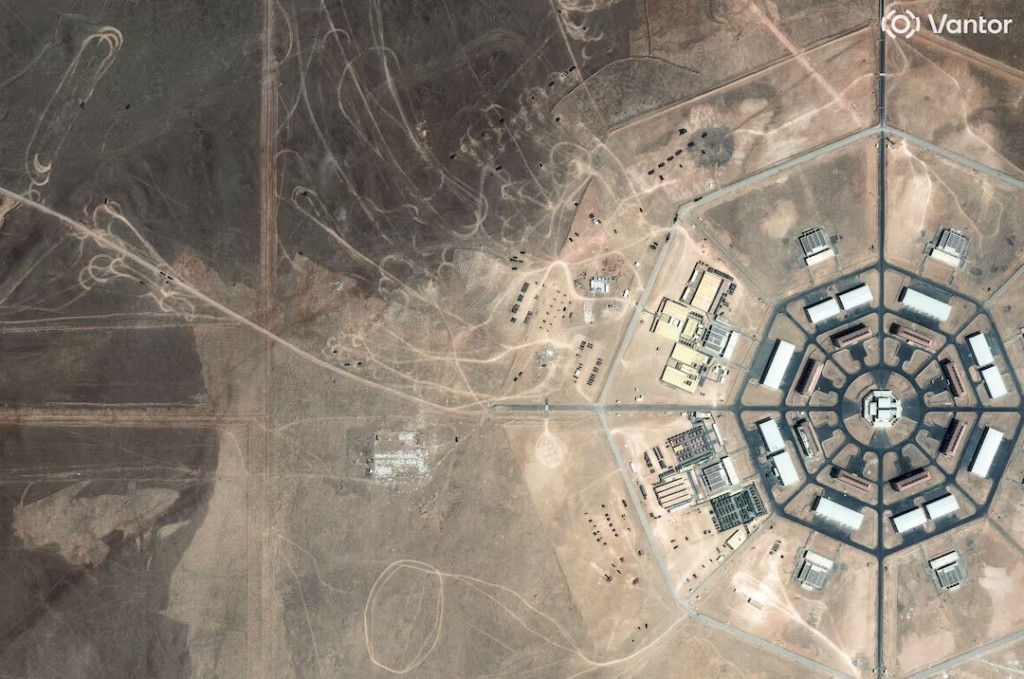 A satellite image shows military activity underway at the edge of the Xinjiang octagon-shaped installation, in the Xinjiang Uyghur Autonomous Region, China, May 11, 2026. Vantor/Handout via REUTERS 