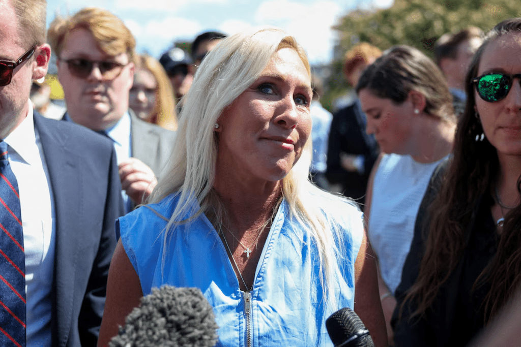 U.S. Representative Marjorie Taylor Greene (R-GA) speaks to reporters after a press conference to discuss the Epstein Files Transparency bill, directing the release of the remaining files related to the investigations into Jeffrey Epstein and Ghislaine Maxwell, on Capitol Hill in Washington, D.C., U.S., September 3, 2025. REUTERS/Evelyn Hockstein/File Photo