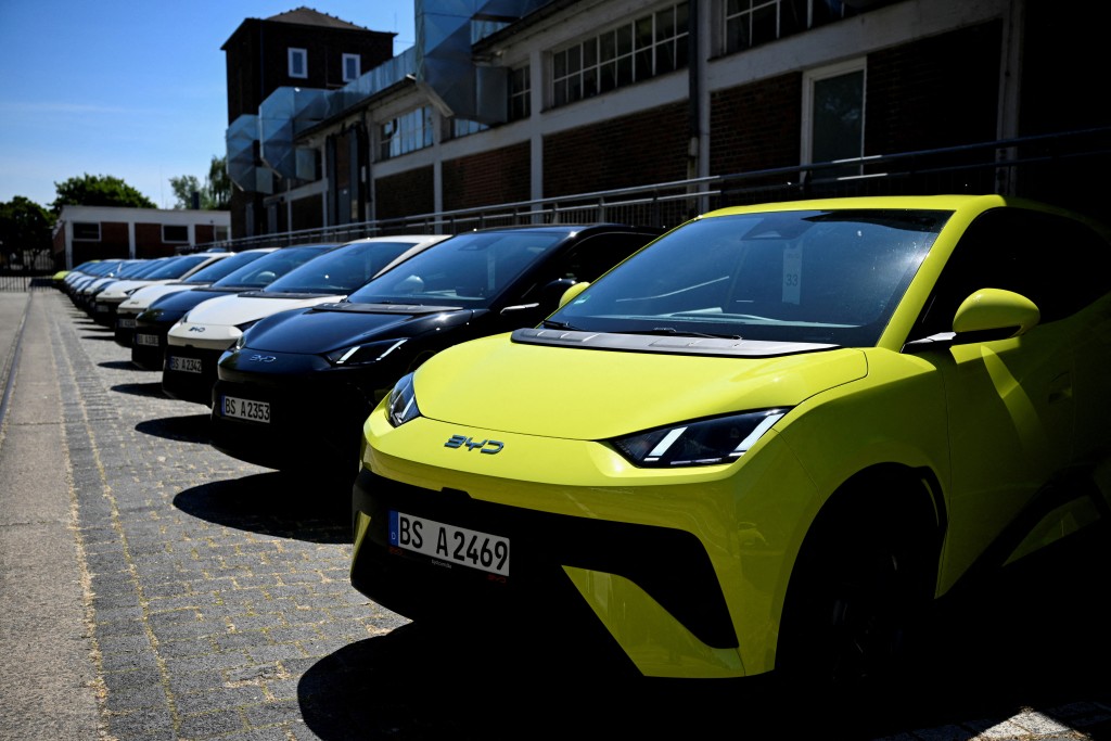 BYD Dolphin Surf electric cars are parked infront of the venue where BYD carmaker holds a vehicle presentation event in Berlin, Germany May 21, 2025. REUTERS